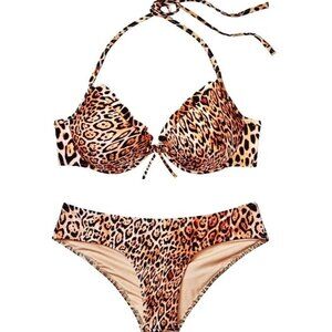 38C/L Victoria Secret Swim Push Up Top Bikini Set Cheeky Bottom Leopard Ruffle